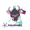 National animal carabao holding the flag of Philippines. National flower sampaguita jasmine displayed on bottom left