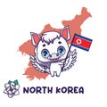 National animal chollima holding the flag of North Korea. National flower magnolia sieboldii displayed on bottom left Royalty Free Stock Photo