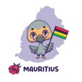 National animal dodo holding the flag of Mauritius. National flower trochetia boutoniana displayed on bottom left