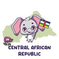 National animal elephant holding the flag of Central African Republic. National flower king protea displayed on bottom left