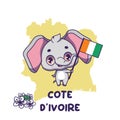 National animal elephant holding the flag of Cote d\'Ivoire. National flower Ivory Coast lily displayed on bottom left