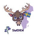 National animal elk holding the flag of Sweden. National flower harebell displayed on bottom left