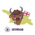 National animal european bison holding the flag of Georgia. National flower cherokee rose displayed on bottom left Royalty Free Stock Photo