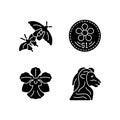National animal and flower of Singapore black glyph icons set on white space Royalty Free Stock Photo