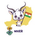 National animal gazelle holding the flag of Niger. National flower costus spectabilis displayed on bottom left