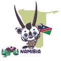 National animal gemsbok oryx gazelle holding the flag of Namibia. National flower welwitschia displayed on bottom left