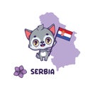 National animal grey wolf holding the flag of Serbia. National flower ramonda serbica displayed on bottom left