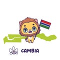 National animal lion holding the flag of Gambia. National flower white variety orchid displayed on bottom left