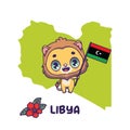 National animal lion holding the flag of Libya. National flower pomegranate blossom displayed on bottom left Royalty Free Stock Photo