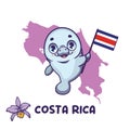 National animal manatee holding the flag of Costa Rica. National flower purple country girl displayed on bottom left