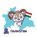 National animal Marco Polo sheep holding the flag of Tajikistan. National flower iris displayed on bottom left