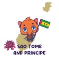 National animal shrew holding the flag of Sao Tome and Principe. National flower porcelana rose displayed on bottom left