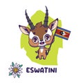 National animal Thomson\'s gazelle holding the flag of Eswatini. National flower edelweiss displayed on bottom left