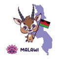 National animal Thomson\'s Gazelle holding the flag of Malawi. National flower lotus displayed on bottom left