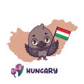 National animal turul holding the flag of Hungary. National flower tulip displayed on bottom left