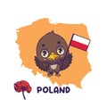 National animal white tailed eagle holding the flag of Poland. National flower poppy displayed on bottom left Royalty Free Stock Photo