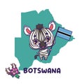 National animal zebra holding the flag of Botswana. National flower kalahari devil\'s claw displayed on bottom left Royalty Free Stock Photo