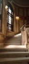 National Assembly of Serbia, interior of hallway of House of Assembly, stairs and window in vintage