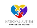 National Autism Awareness Month. Vector illustration with jigsaw puzzle heart