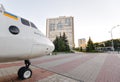 National aviation university in Kiev, Ukraine. Old plane and university building.