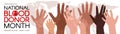 National Blood Donation Month long horizontal banner with diverse hands.