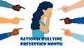 National Bullying Prevention month in October in USA. Victim girl scene in society. Stressed woman in shame and hands with