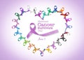 National cancer survivor month, June with heart shape cycle of multi-color and lavender purple ribbons raising awareness