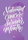 National Cancer Survivor Month. Vector Cancer Awareness Calligraphy Poster Design. Stroke Violet Ribbon. June is