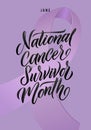 National Cancer Survivor Month. Vector Cancer Awareness Calligraphy Poster Design. Stroke Violet Ribbon. June is