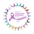 National cancer survivors day, June 5 with multi-color and lavender purple ribbons raising awareness of all kind tumors