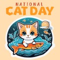 National Cat Day banner a cute cartoon Cat hunting Fish, holding on hand. Happy animals Friendship Between Humans and Cats. Royalty Free Stock Photo