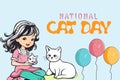 National Cat Day banner little girl playing with cute Cat and Balloons. Happy animals Friendship Between Humans and Cats. Domestic Royalty Free Stock Photo