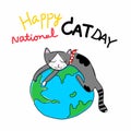 Happy cat day grey cat sleeping on planet cartoon vector
