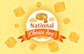 National cheese day, food banner. Milk breakfast, holiday celebration poster, healthy dinner meal. Falling square cheez