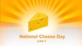 National Cheese Day lettering on colourful sunbeam background. National Cheese Day Poster and banner, June 4.