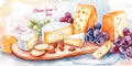 National Cheese Lover\'s Day watercolor illustration featuring a wooden platter with assorted cheeses, grapes, crackers. Royalty Free Stock Photo