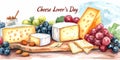 National Cheese Lover\'s Day watercolor illustration featuring a wooden platter with assorted cheeses, grapes, crackers. Royalty Free Stock Photo
