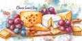 National Cheese Lover\'s Day watercolor illustration featuring a wooden platter with assorted cheeses, grapes, crackers. Royalty Free Stock Photo