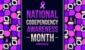 National Codependency Awareness Month colorful backdrop with purple ribbon and typography