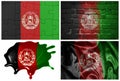 national colorful realistic flag of afghanistan in different styles and with different textures on the white background.collage