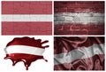 national colorful realistic flag of latvia in different styles and with different textures on the white background.collage