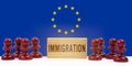 Against the background of the flag of the European Union pawns and a sign with the inscription - immigration Royalty Free Stock Photo