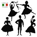 Dancers black silhouette in national costume an Italian tarantella with a tambourine on white background. Set of Woman