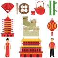 National cultural symbols of China. Sushi, hand fan, lantern, chinese architecture, great wall, green bamboo, teapot and