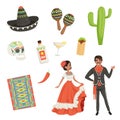 National cultural symbols of Mexico. Blanket with ethnic pattern, sombrero, cactus, skull, taco, tequila, maracas. Latin