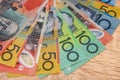 National currency. Colorful australian dollar banknotes on wooden table close up Royalty Free Stock Photo