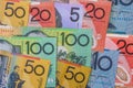 National currency. Colorful australian dollar banknotes on wooden table close up Royalty Free Stock Photo