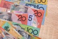 National currency. Colorful australian dollar banknotes on wooden table close up Royalty Free Stock Photo