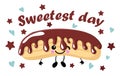 National day of sweets. greeting card with eclair. chocolate glaze. Cartoon funny cute character eating sweet food