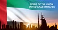 National day of United Arab Emirates. Silhouette of Dubai skyline on background of sunset with UAE flag Royalty Free Stock Photo